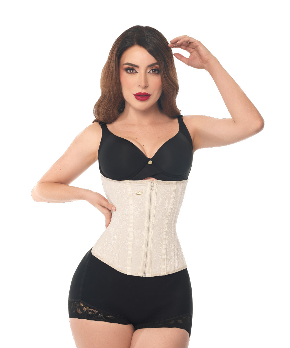 Faja corset colombiana de máxima compresión en Powernet con cierre frontal, tres niveles de ajuste y soporte para la espalda, diseñada para moldear la cintura y crear una silueta tipo reloj de arena.