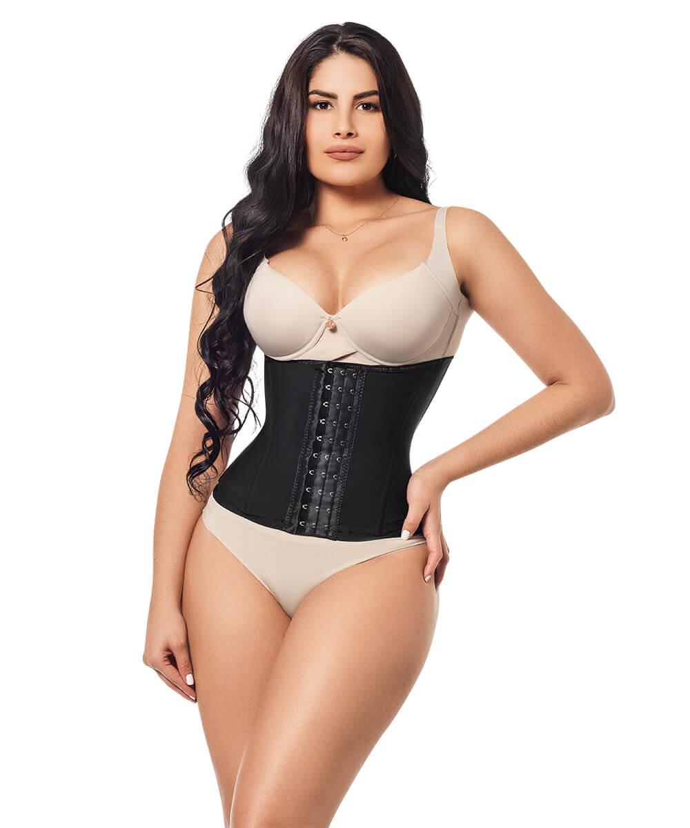 Cinturilla colombiana de alta compresión con seis varillas flexibles y broches de tres posiciones, diseñada para controlar el abdomen, definir la cintura y mejorar la postura.