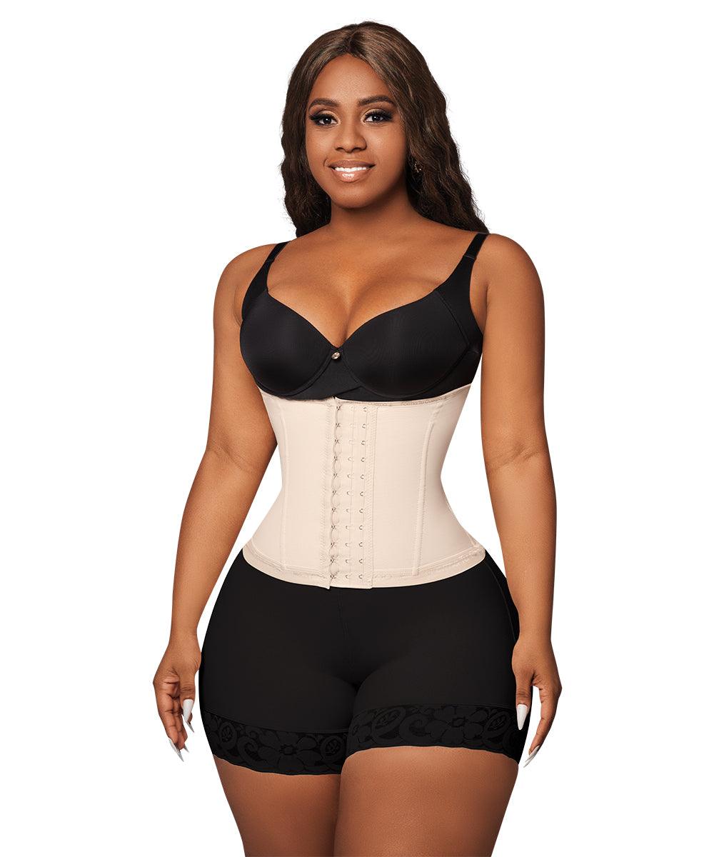 Cinturilla colombiana de alta compresión con seis varillas internas flexibles y broches de tres posiciones, diseñada para moldear la cintura, controlar el abdomen y mejorar la postura.